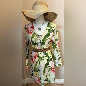 Tropical Floral Long Sleeve Dress/blouse with Lace-Up Front